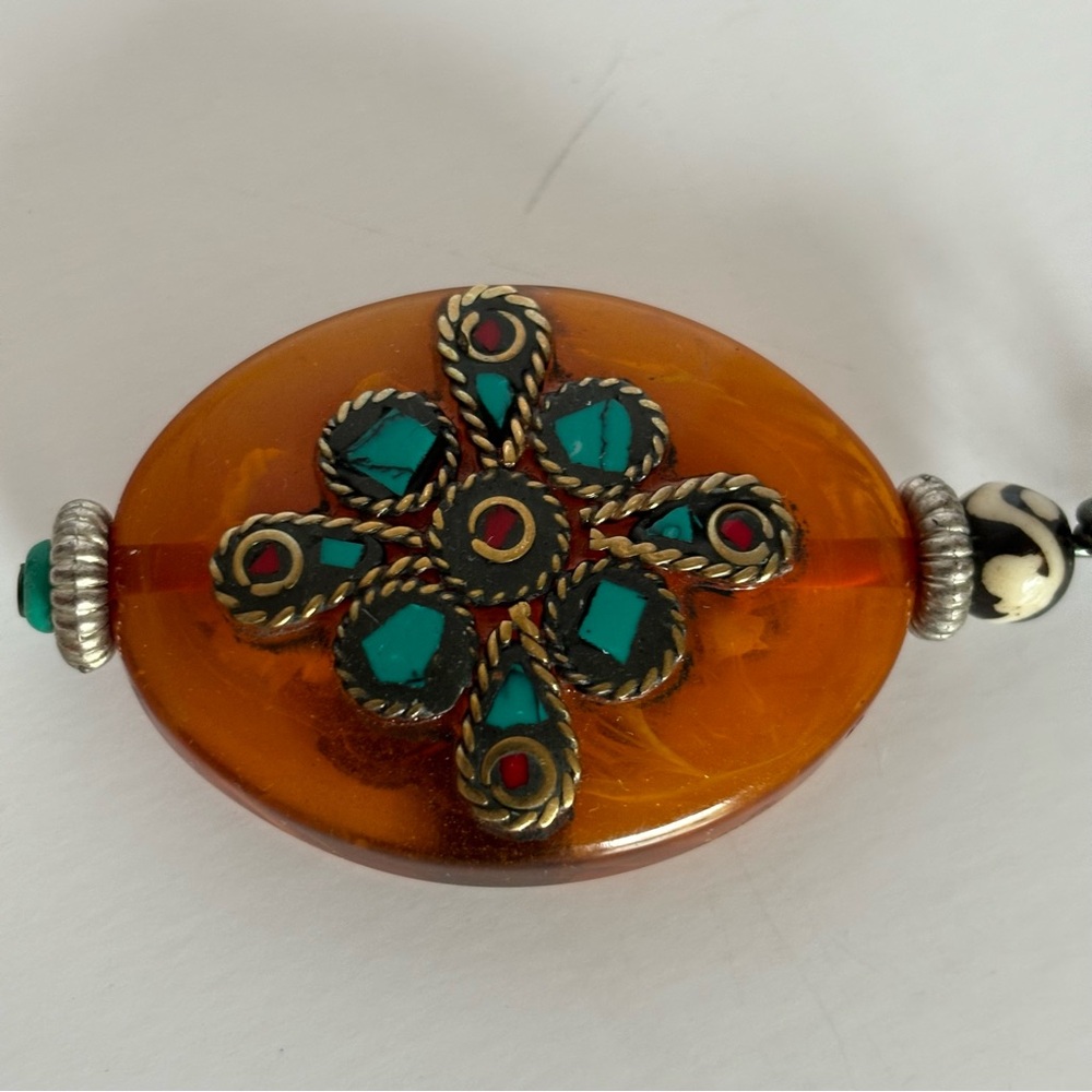Tibetan Style Keychain W/Brass Work Bohemian Boho Chic Handcrafted Resin